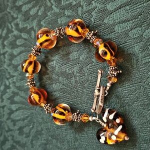 Artisan Sterling Silver 925 Art Glass Chunky Beaded Bracelet